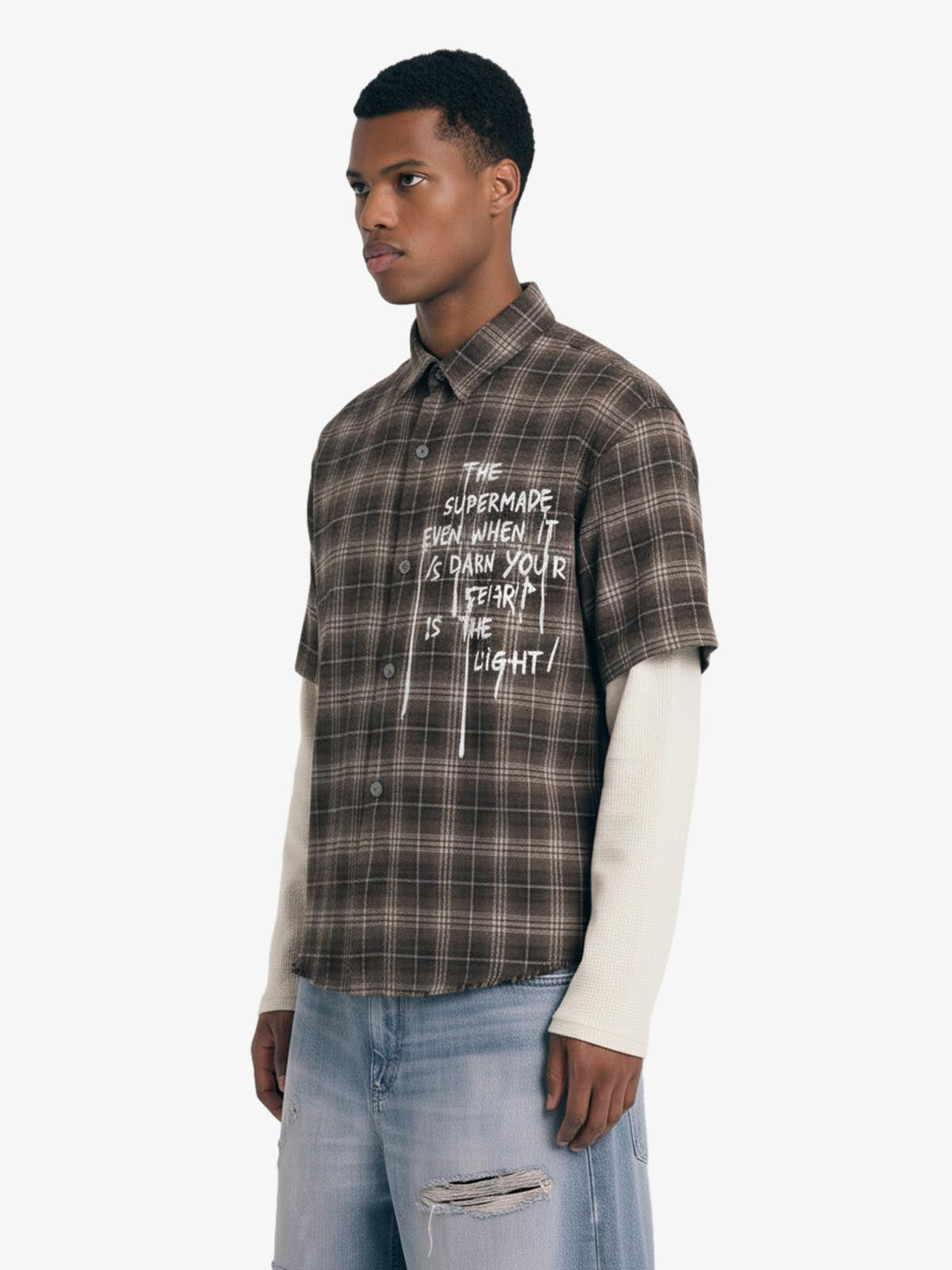 Cotton Street Distressed Plaid Faux Two-Piece Shirt