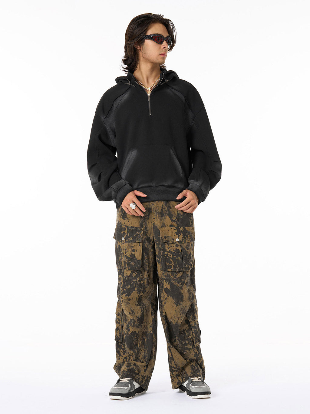 Distressed Stand Collar Stitching Spray Paint Quarter Zip Hoodie