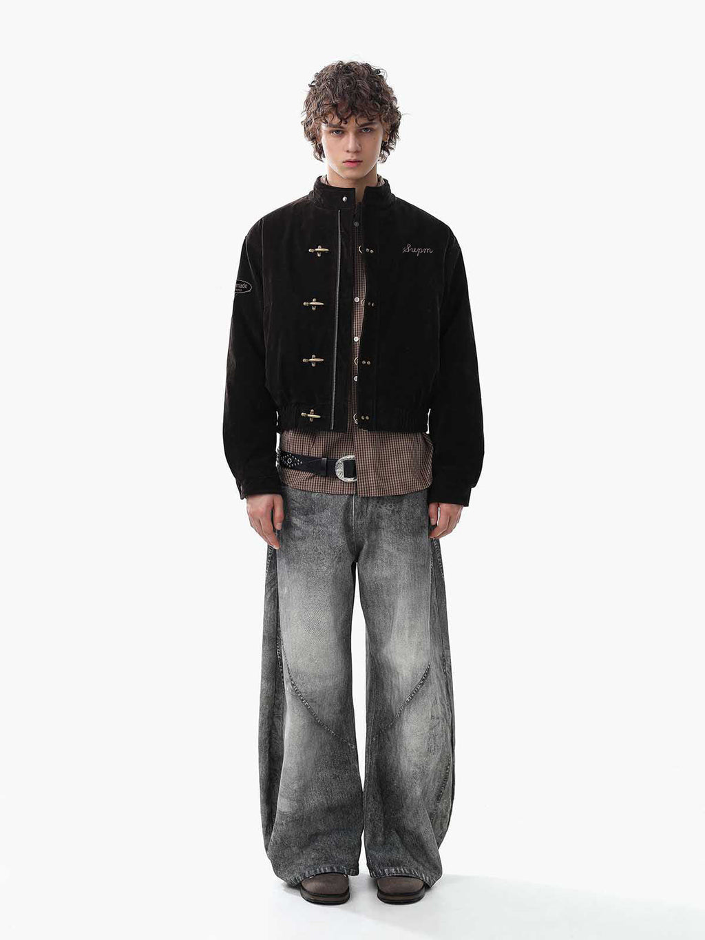 Vintage Suede Embroidered Metal Clip Down Jacket