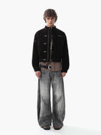 Vintage Suede Embroidered Metal Clip Down Jacket