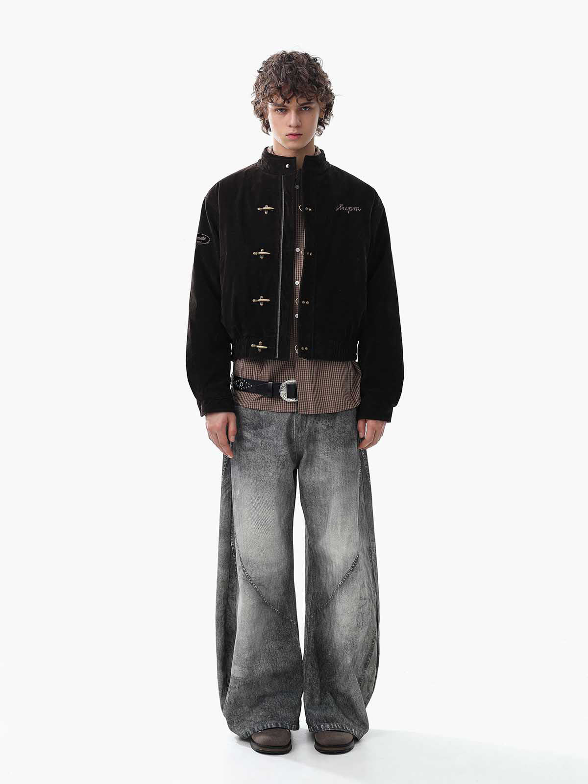 Vintage Suede Embroidered Metal Clip Down Jacket