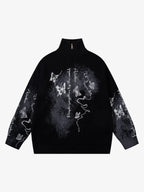 Ink-Splashed Butterfly Jacquard Zip Knit Sweater