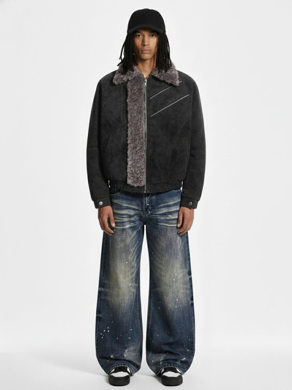 Retro Suede Texture Shearling Collar Fleece Bomber Jacket