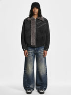 Retro Suede Texture Shearling Collar Fleece Bomber Jacket