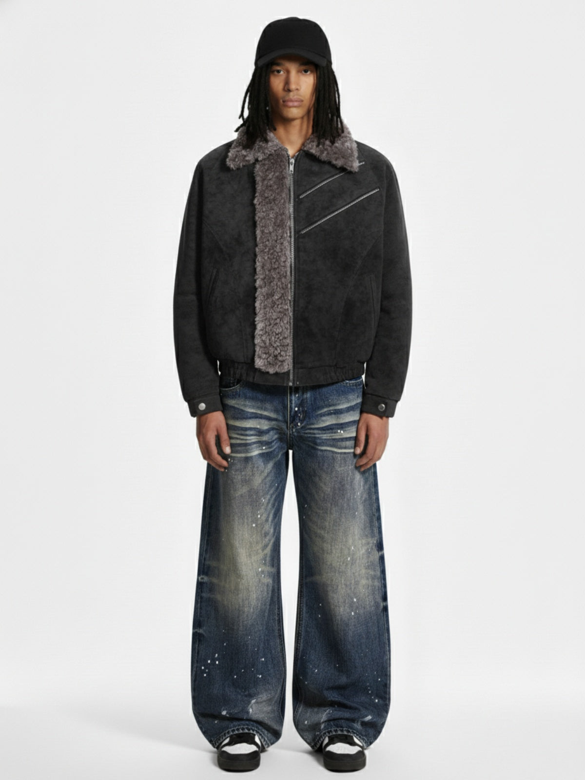 Retro Suede Texture Shearling Collar Fleece Bomber Jacket