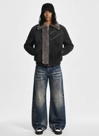 Retro Suede Texture Shearling Collar Fleece Bomber Jacket