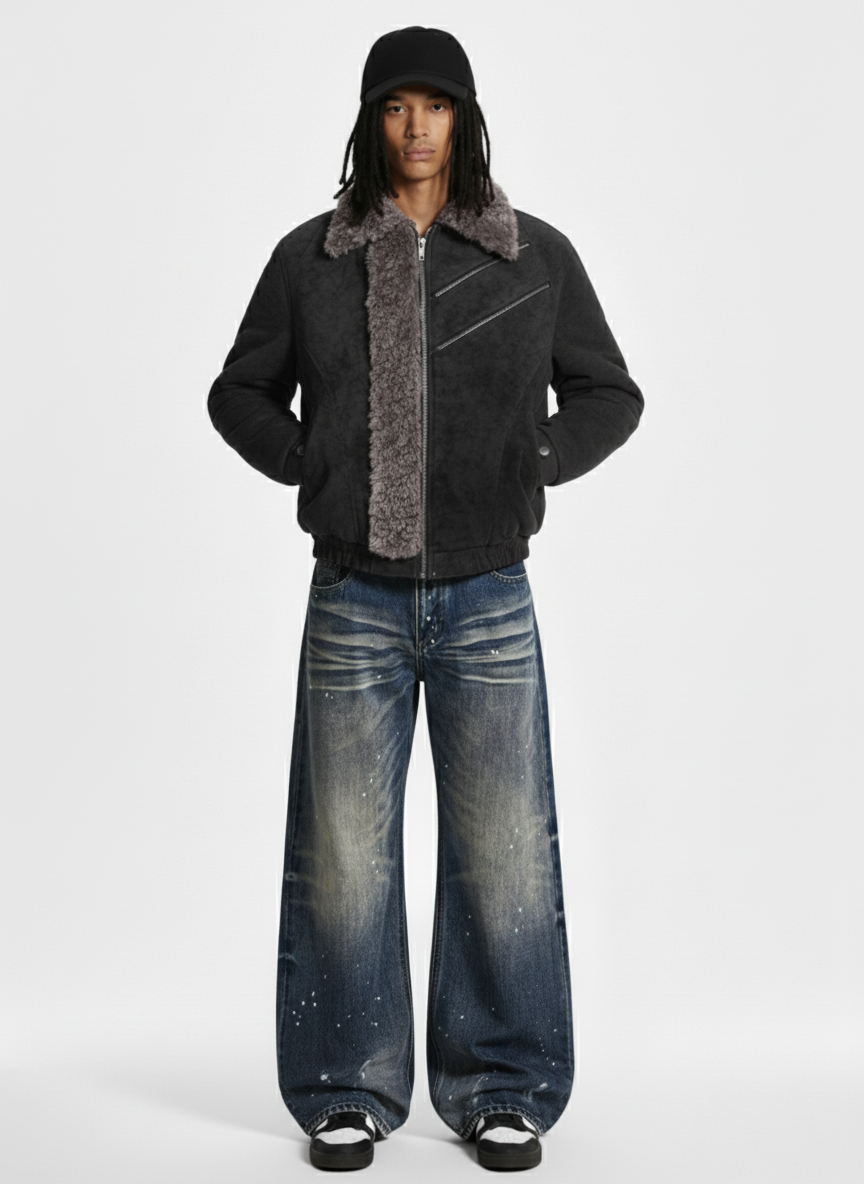 Retro Suede Texture Shearling Collar Fleece Bomber Jacket