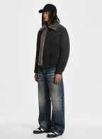 Retro Suede Texture Shearling Collar Fleece Bomber Jacket
