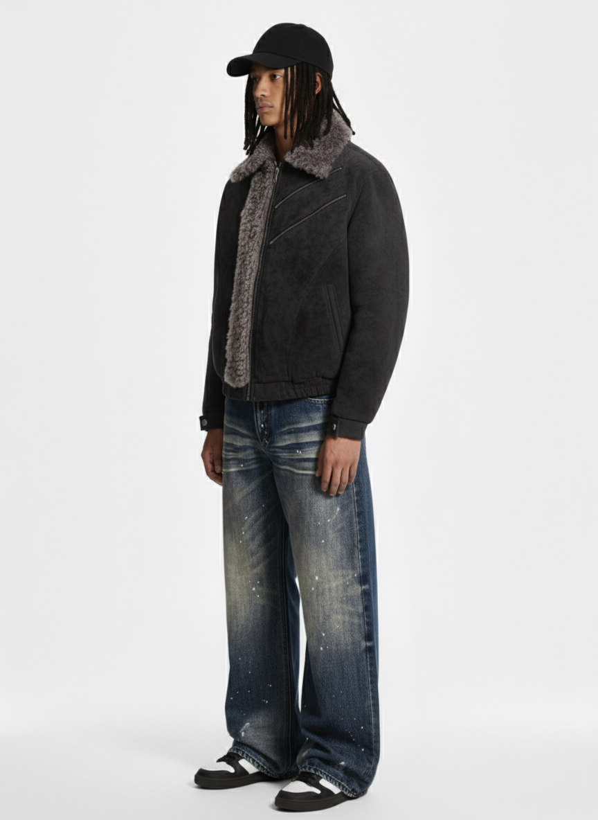Retro Suede Texture Shearling Collar Fleece Bomber Jacket