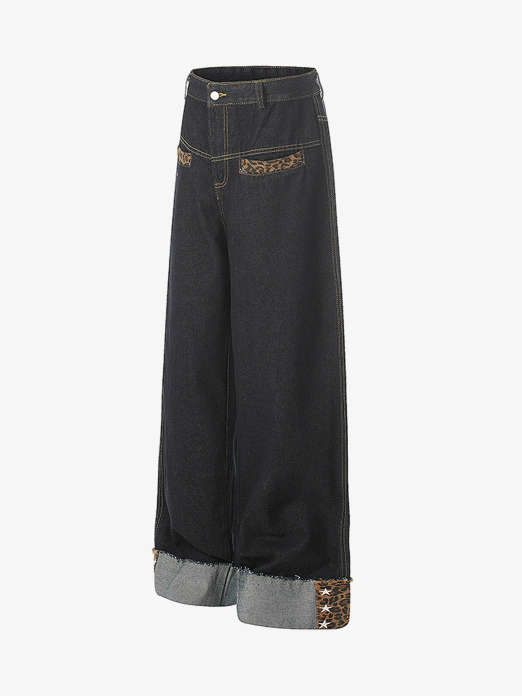 Leopard Print Trim Washed Jeans