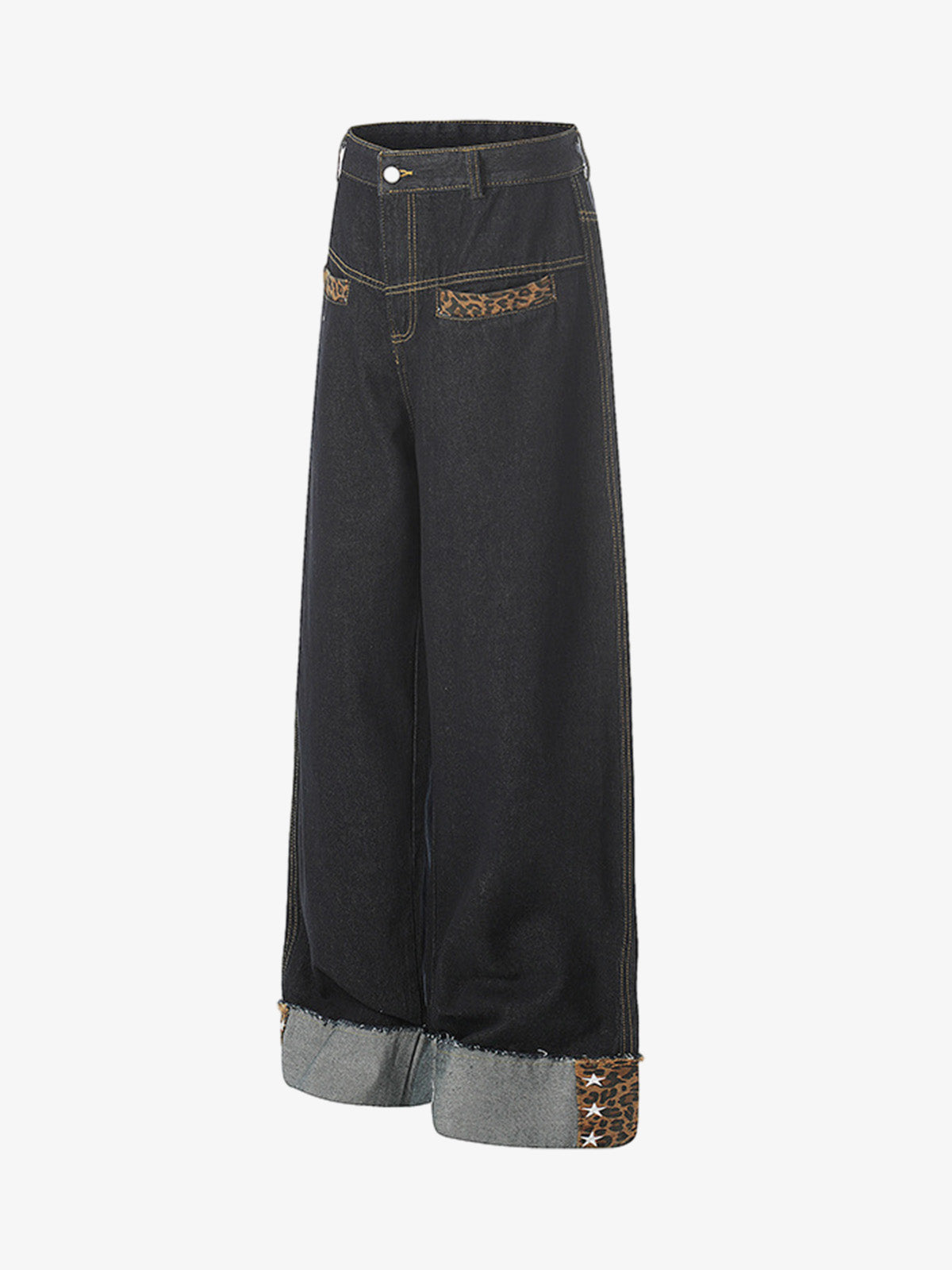 Leopard Print Trim Washed Jeans
