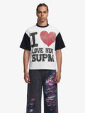 Heart Slogan Graphic Contrast Sleeve Waffle Knit T-Shirt