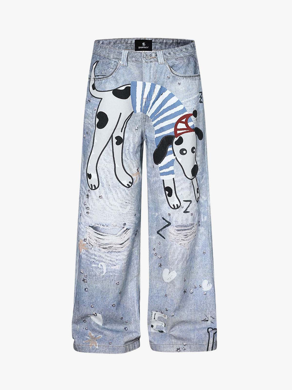 Cartoon Dalmatian Dog Graphic Distressed Washed Jeans