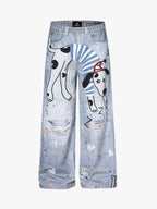 Cartoon Dalmatian Dog Graphic Distressed Washed Jeans
