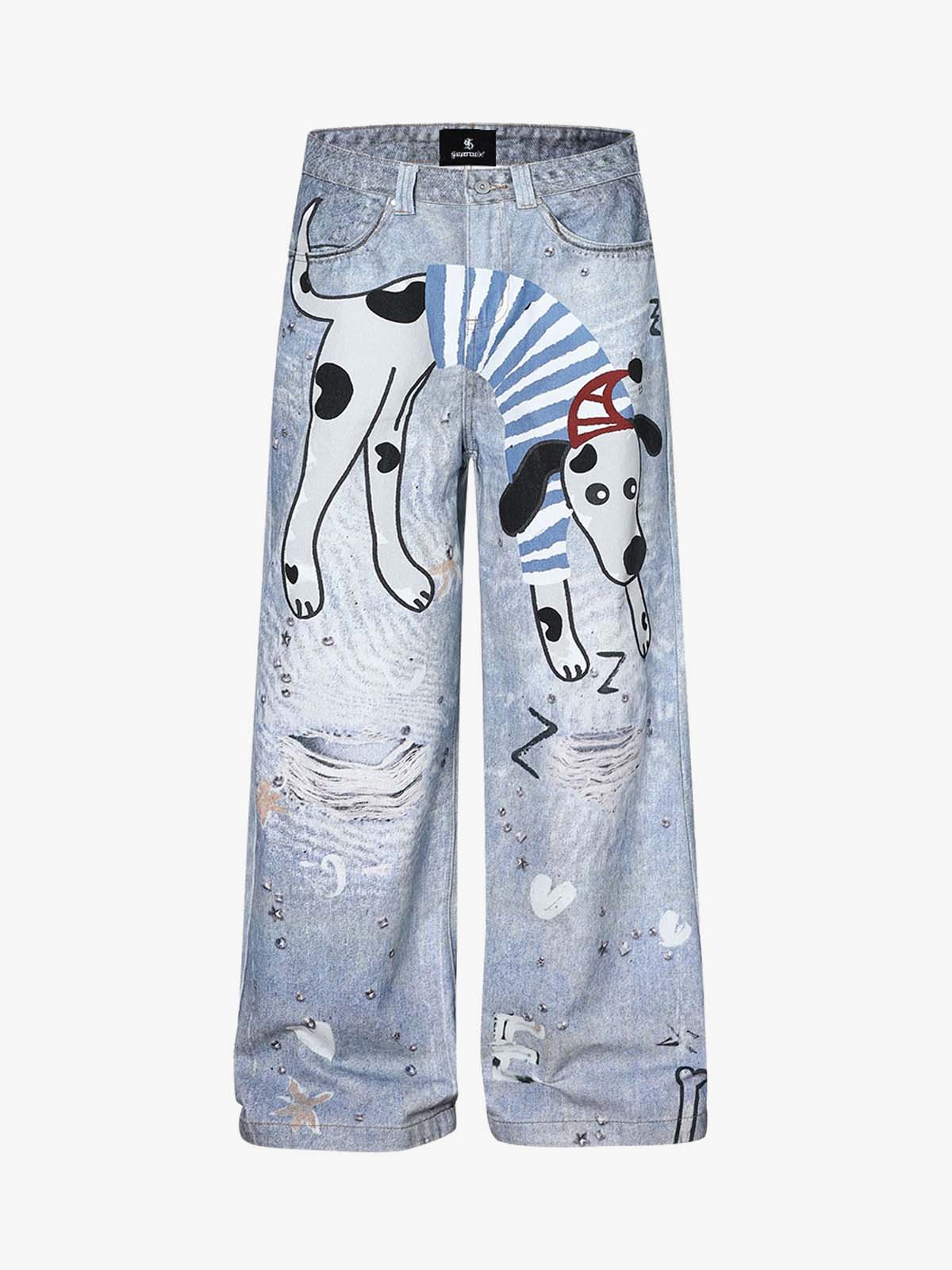 Cartoon Dalmatian Dog Graphic Distressed Washed Jeans