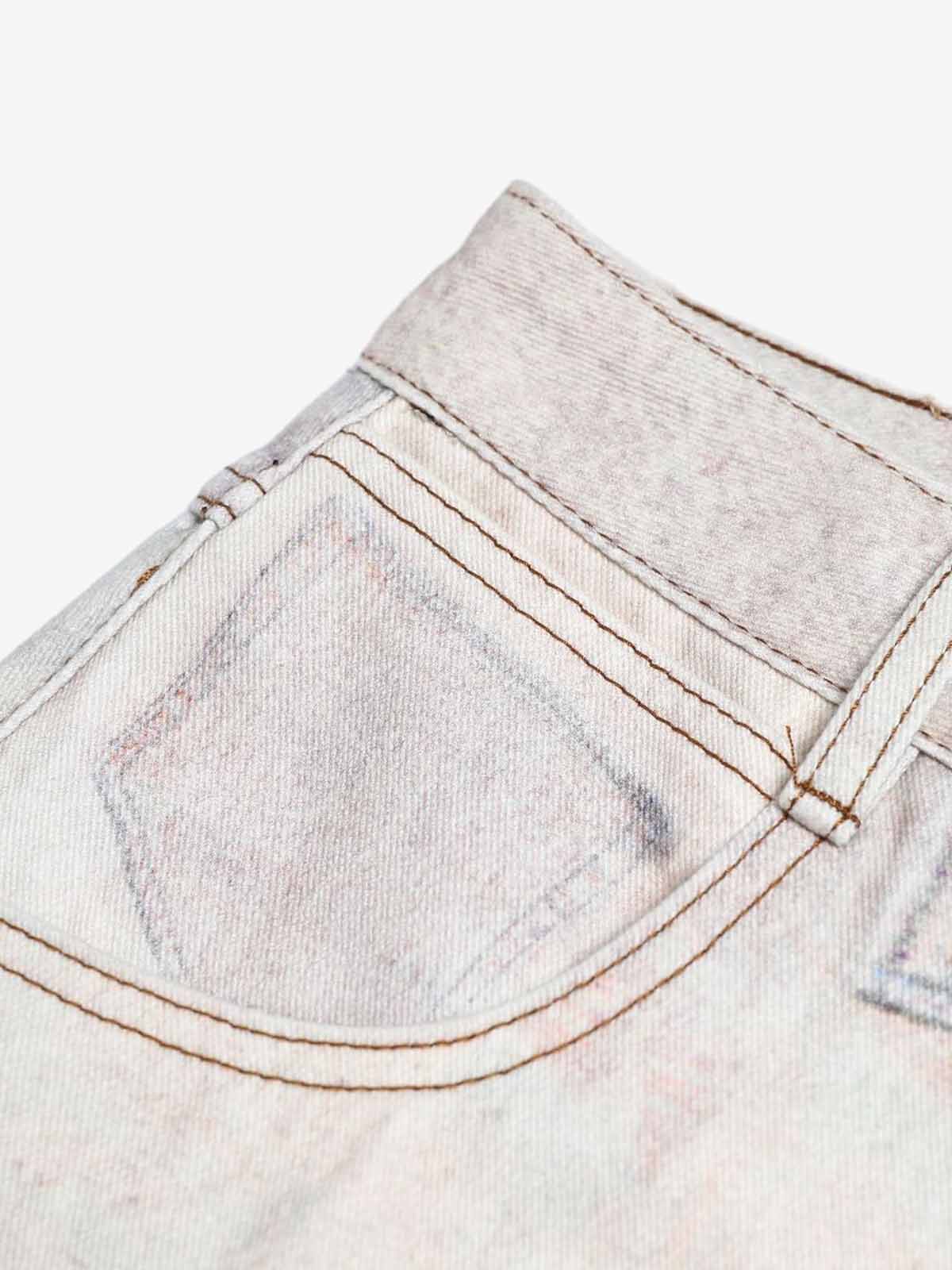 Vintage Wash Collage Print Curved Leg Denim Jeans