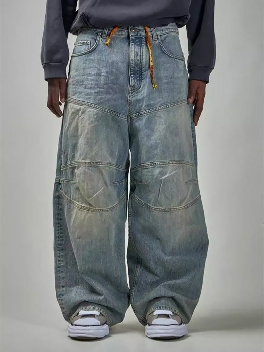 Distressed Contrast Drawstring Knee-Length Jeans