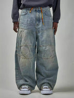 Distressed Contrast Drawstring Knee-Length Jeans
