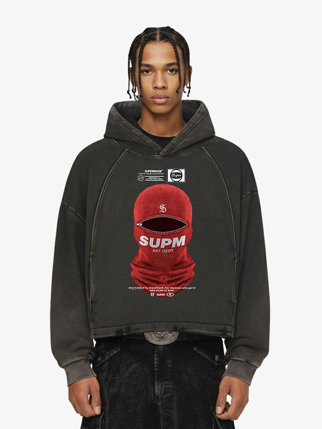 Retro Bandit Hat Graphic Distressed Cropped Hoodie