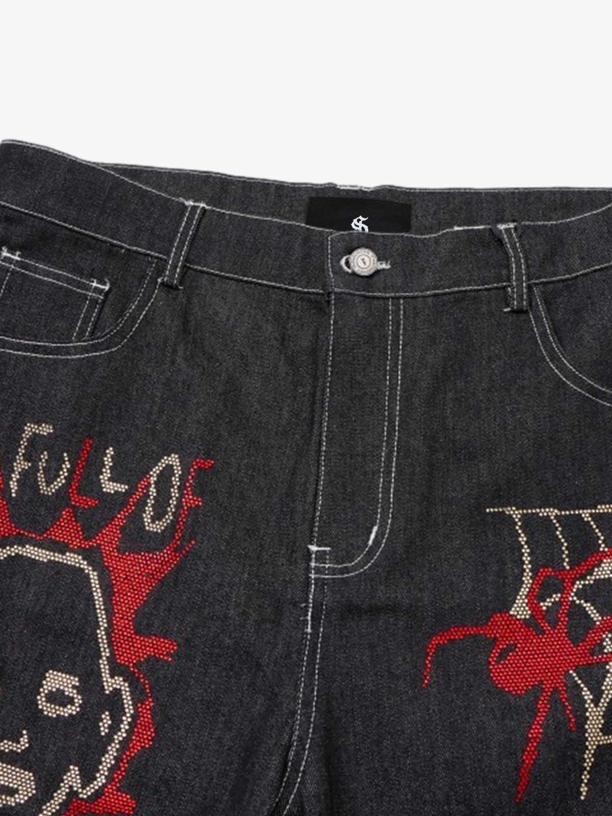 Street Graffiti Rhinestone Print Wide Leg Jeans