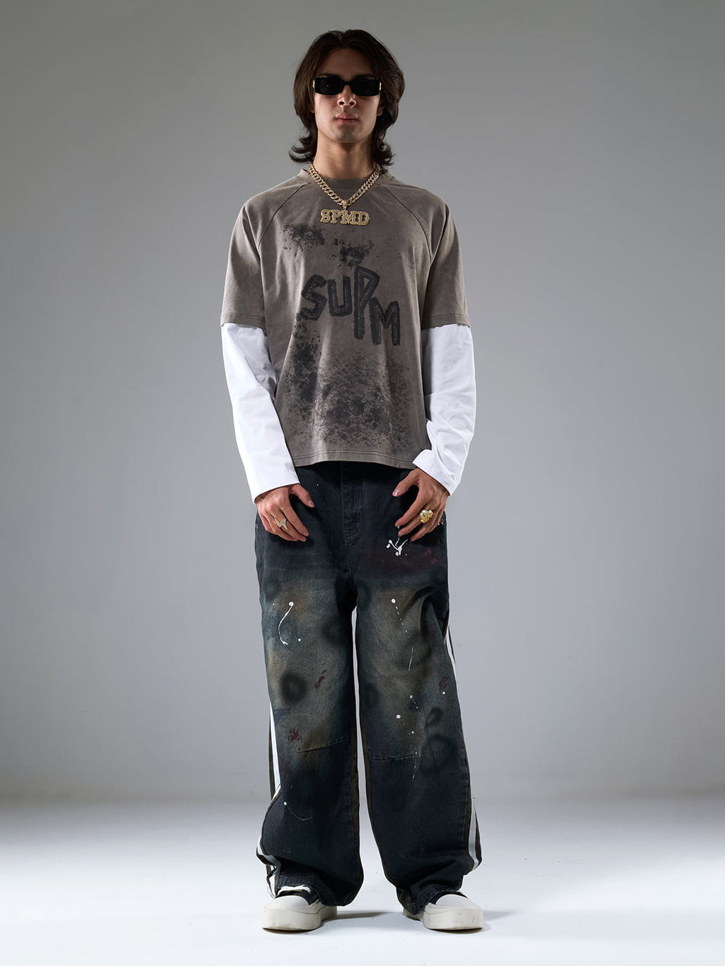 Washed Stripe Patchwork Totem Print Baggy Jeans