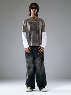 Washed Stripe Patchwork Totem Print Baggy Jeans