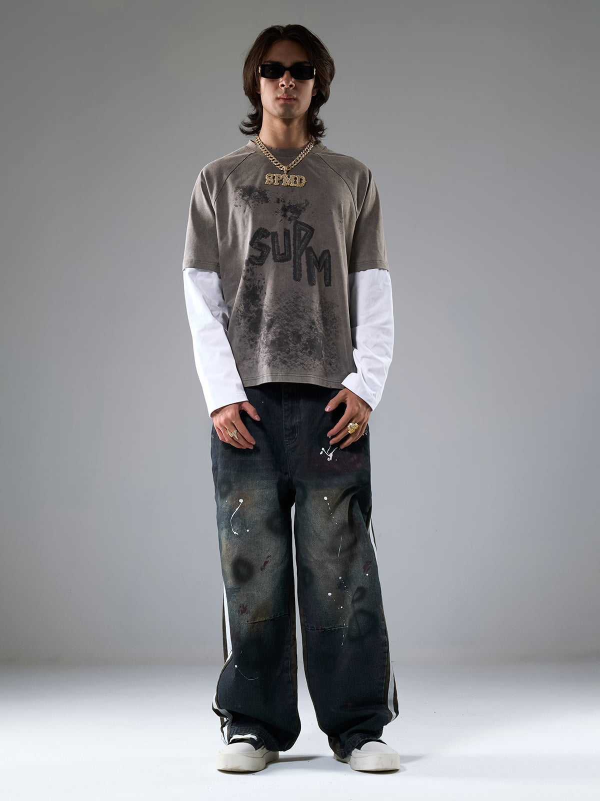 Washed Stripe Patchwork Totem Print Baggy Jeans