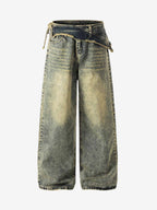 Layered Waist Tie Detail Vintage Wash Jeans