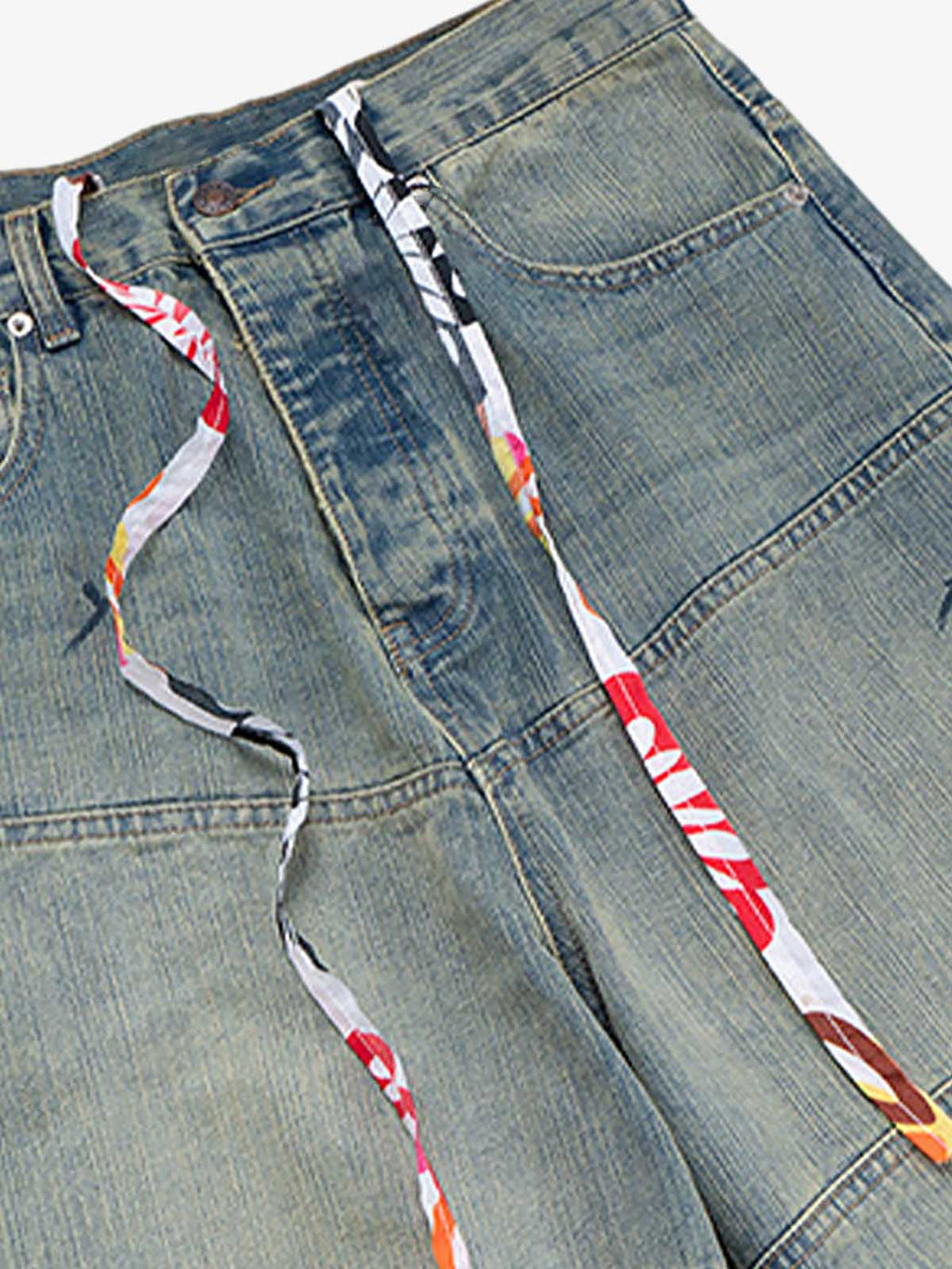 Distressed Contrast Drawstring Knee-Length Jeans