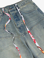 Distressed Contrast Drawstring Knee-Length Jeans