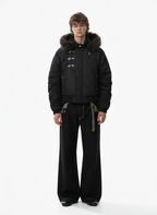Detachable Faux Fur Collar Ruched Sleeve Bomber Jacket