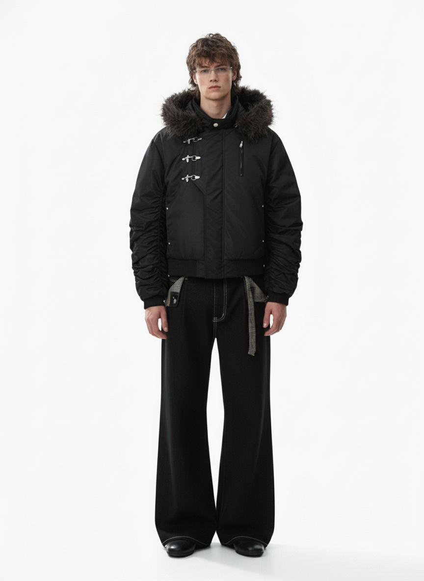 Detachable Faux Fur Collar Ruched Sleeve Bomber Jacket