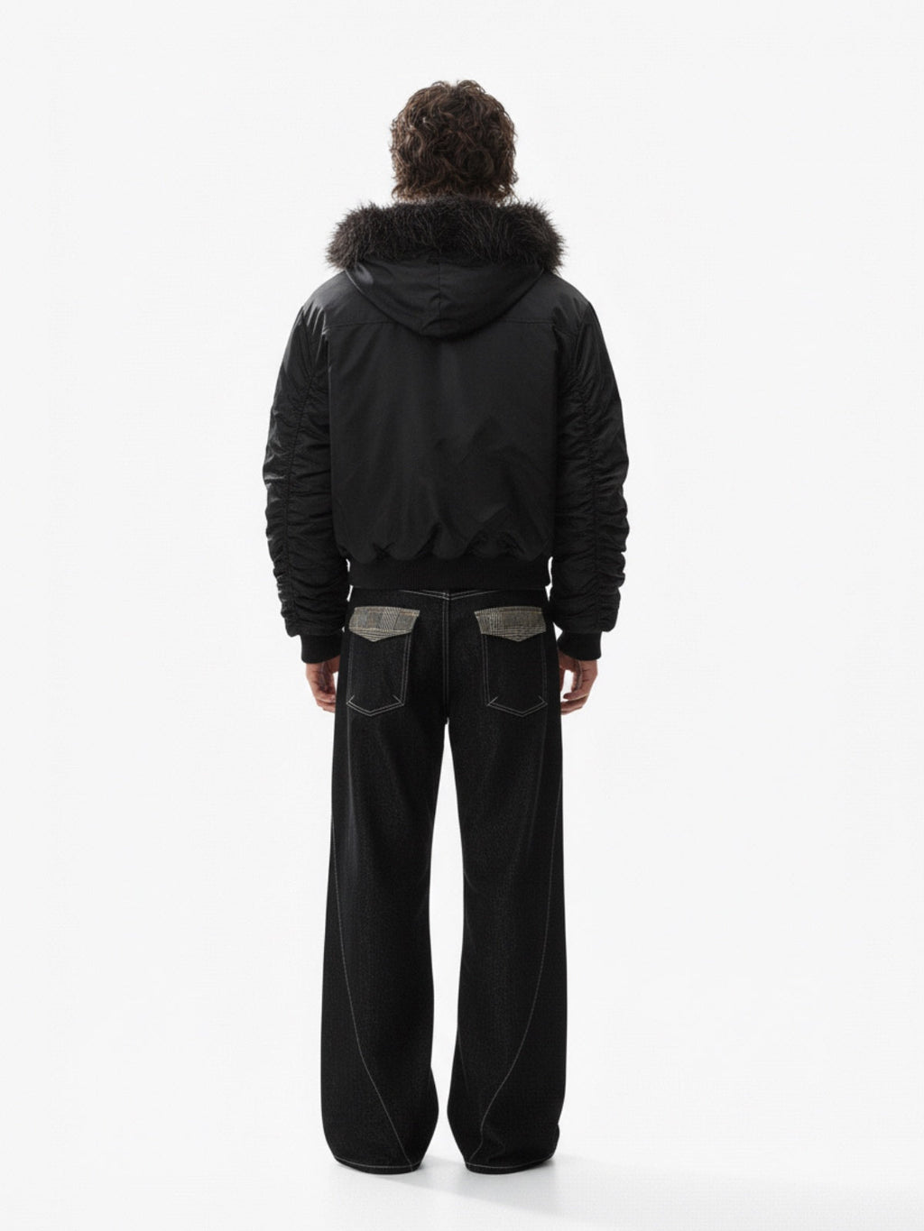 Detachable Faux Fur Collar Ruched Sleeve Bomber Jacket