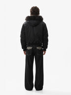 Detachable Faux Fur Collar Ruched Sleeve Bomber Jacket