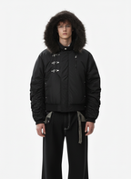 Detachable Faux Fur Collar Ruched Sleeve Bomber Jacket