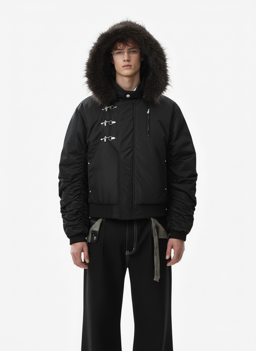 Detachable Faux Fur Collar Ruched Sleeve Bomber Jacket