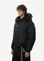 Detachable Faux Fur Collar Ruched Sleeve Bomber Jacket