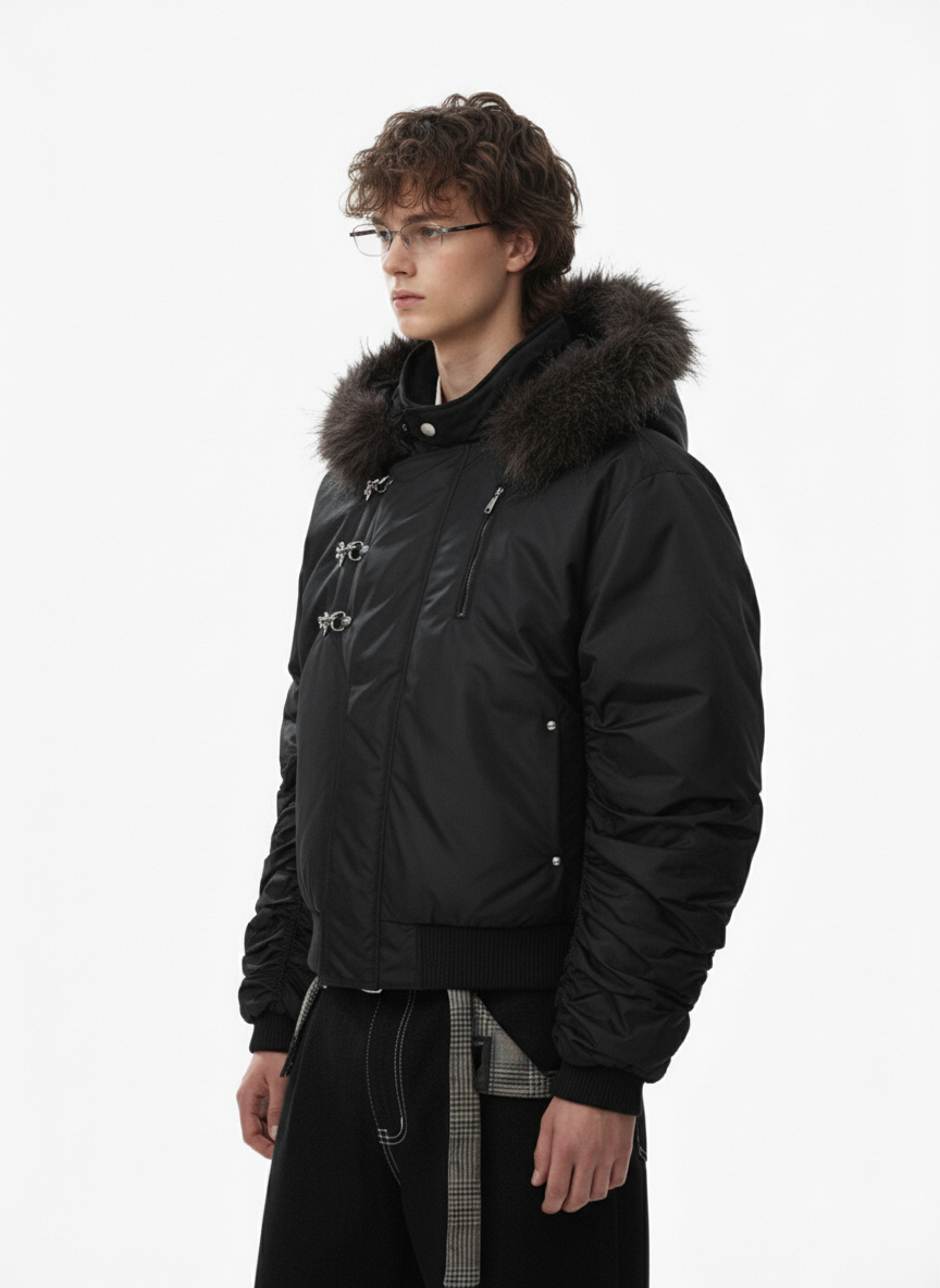 Detachable Faux Fur Collar Ruched Sleeve Bomber Jacket