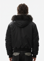Detachable Faux Fur Collar Ruched Sleeve Bomber Jacket
