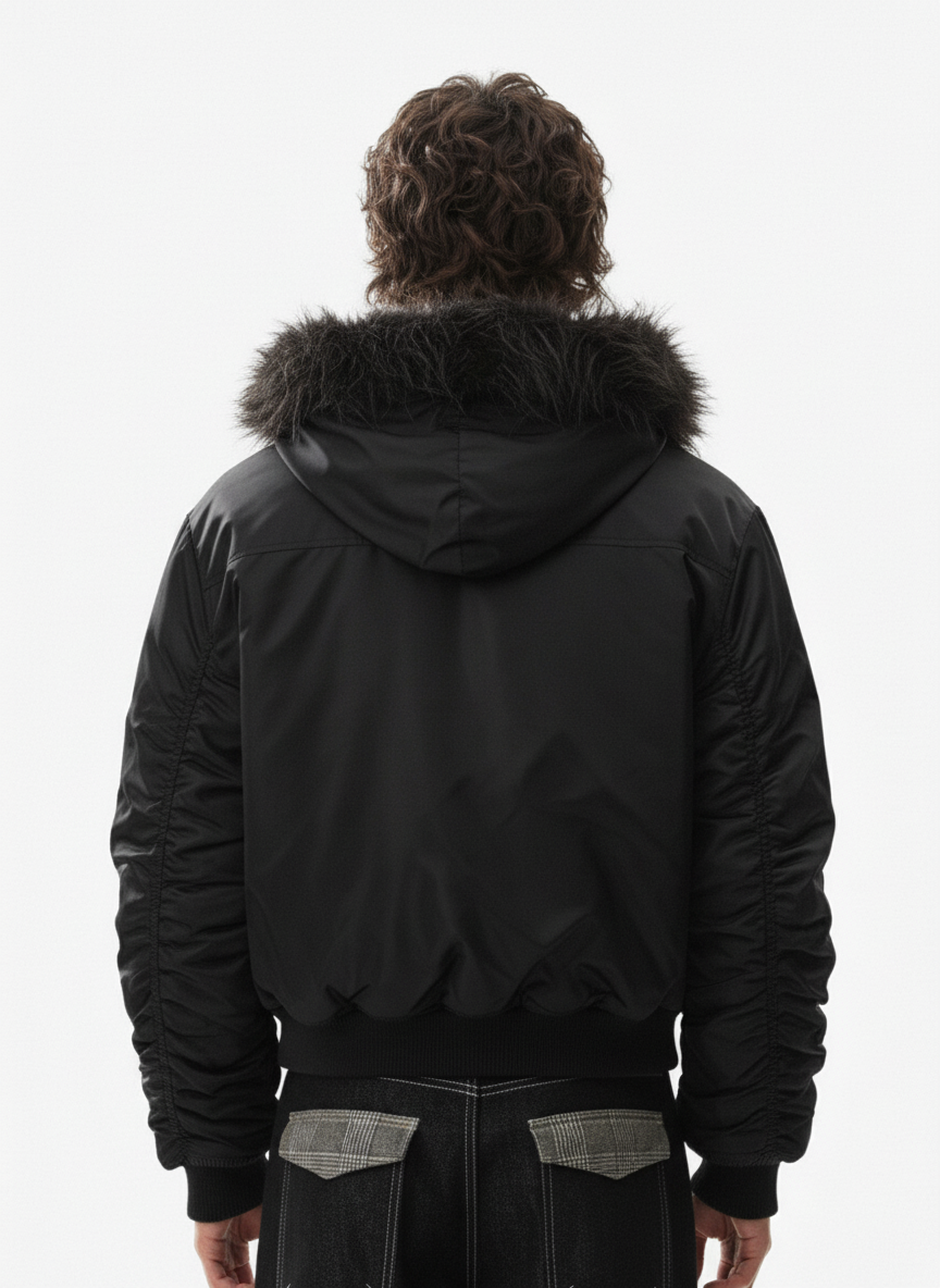 Detachable Faux Fur Collar Ruched Sleeve Bomber Jacket