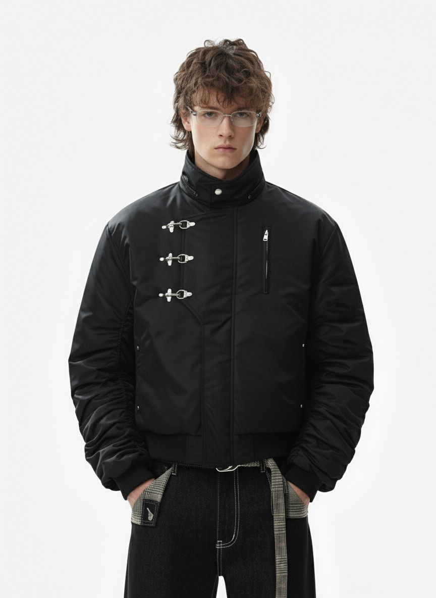 Detachable Faux Fur Collar Ruched Sleeve Bomber Jacket