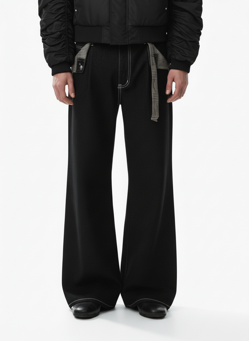 Vintage Plaid-Trim Tape-Belt Jeans