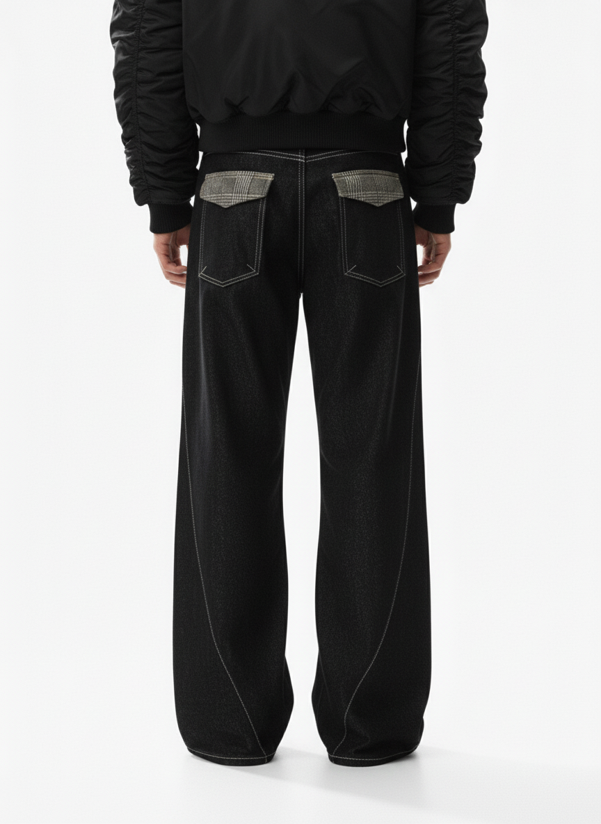 Vintage Plaid-Trim Tape-Belt Jeans