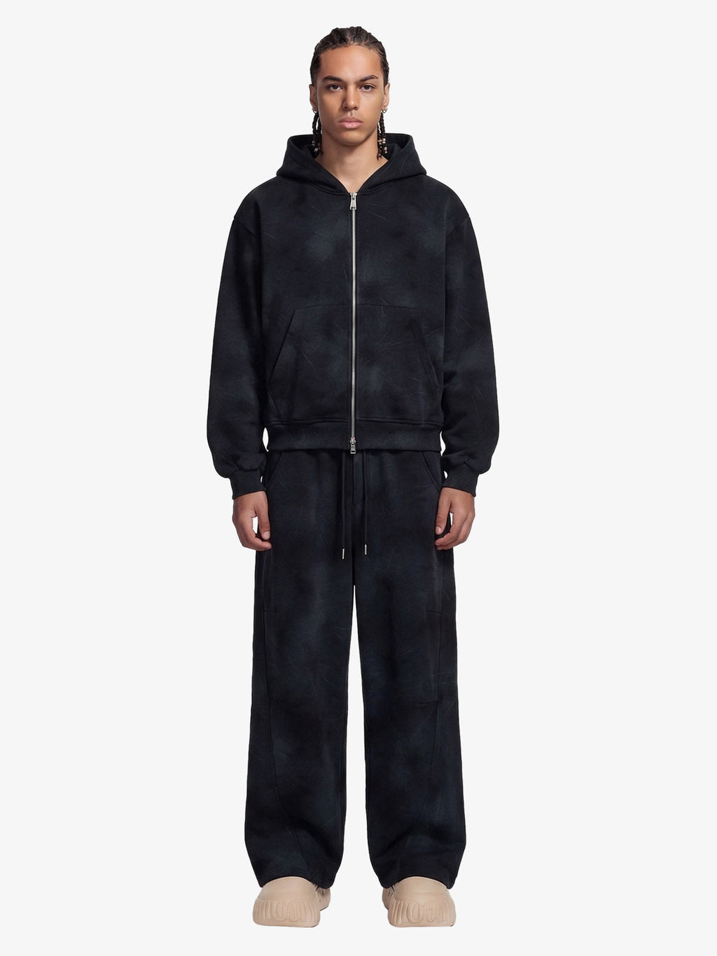 Vintage Washed Tie-Dye Zip Up Hoodie & Barrel Sweatpants Tracksuit