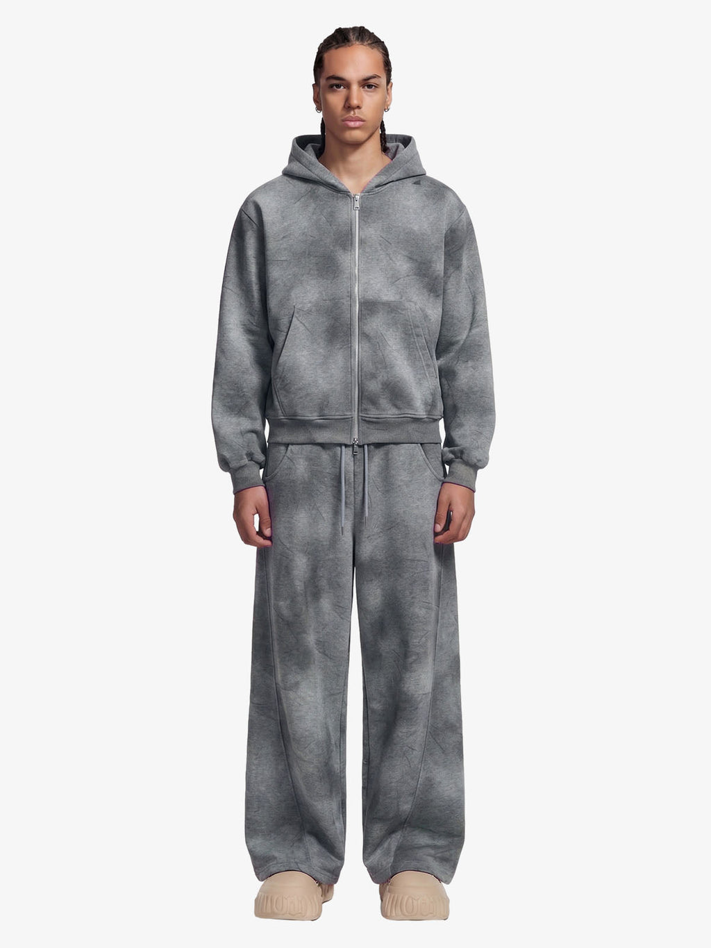 Vintage Washed Tie-Dye Zip Up Hoodie & Barrel Sweatpants Tracksuit
