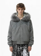 Vintage Faux Fur Hoodedd Leopard Lined Graphic Bomber Jacket
