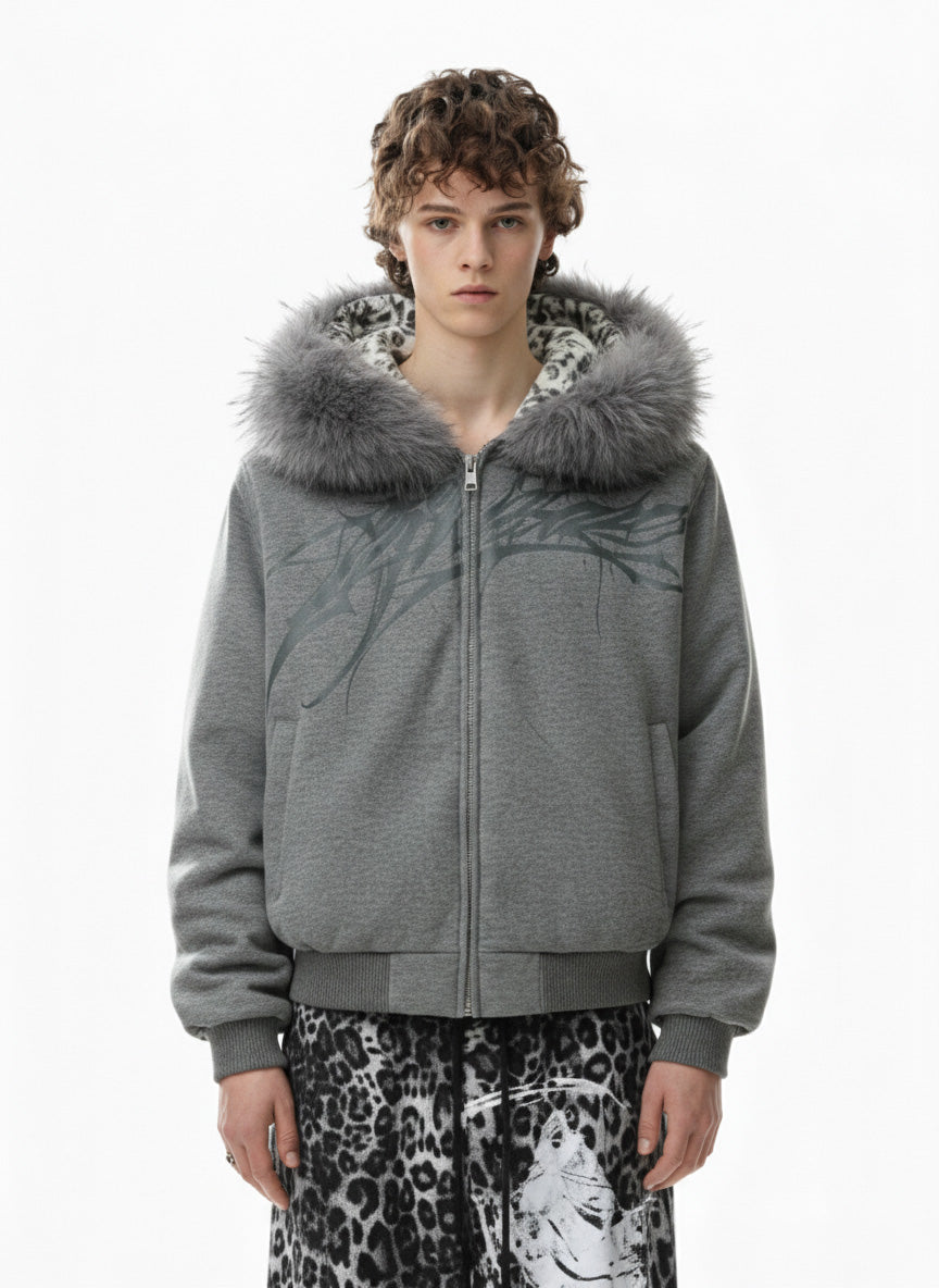 Vintage Faux Fur Hoodedd Leopard Lined Graphic Bomber Jacket