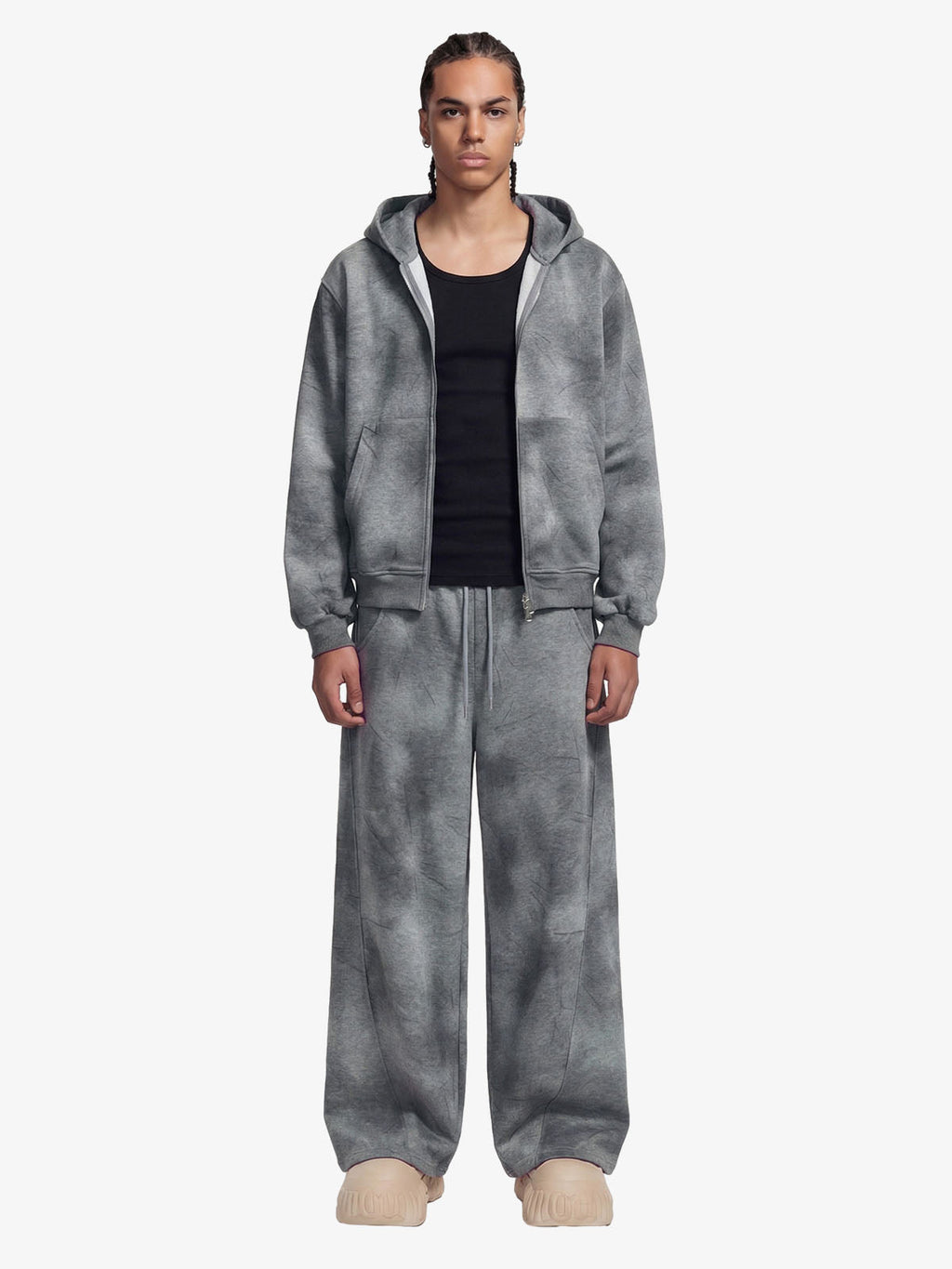 Vintage Washed Tie-Dye Zip Up Hoodie & Barrel Sweatpants Tracksuit