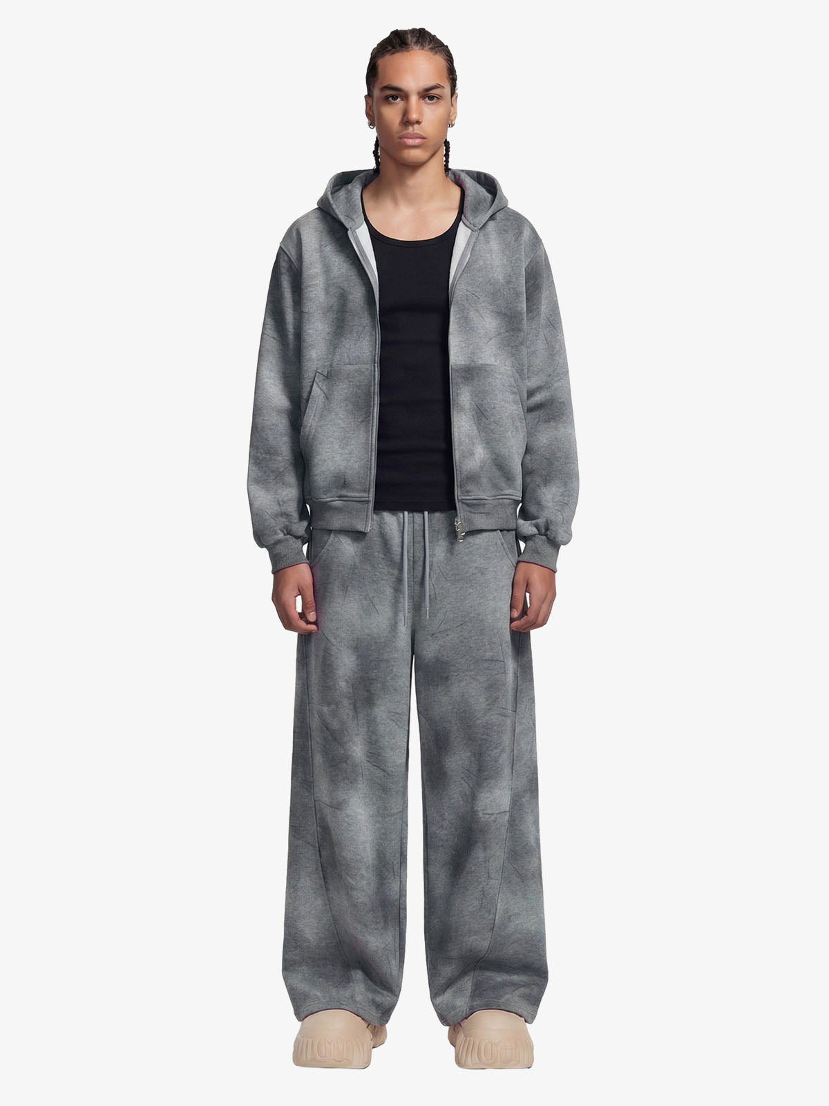 Vintage Washed Tie-Dye Zip Up Hoodie & Barrel Sweatpants Tracksuit