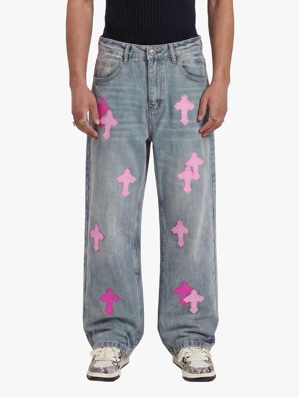 Vintage Washed Cross Patch Straight Leg Denim Jeans - 2605